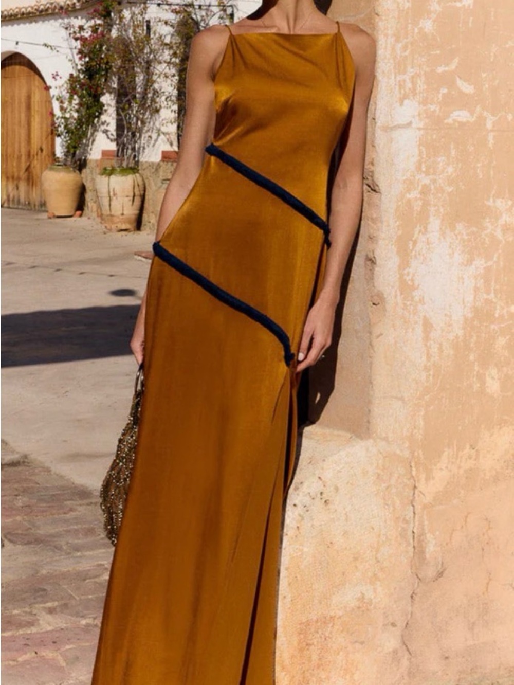 Satin Maxi Slip Dress in Mustard with Navy Trim with Shawl